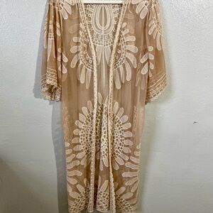 Rebellion Again Embroidered Kimono Beige Crochet Sheer Womens Large Boho Art